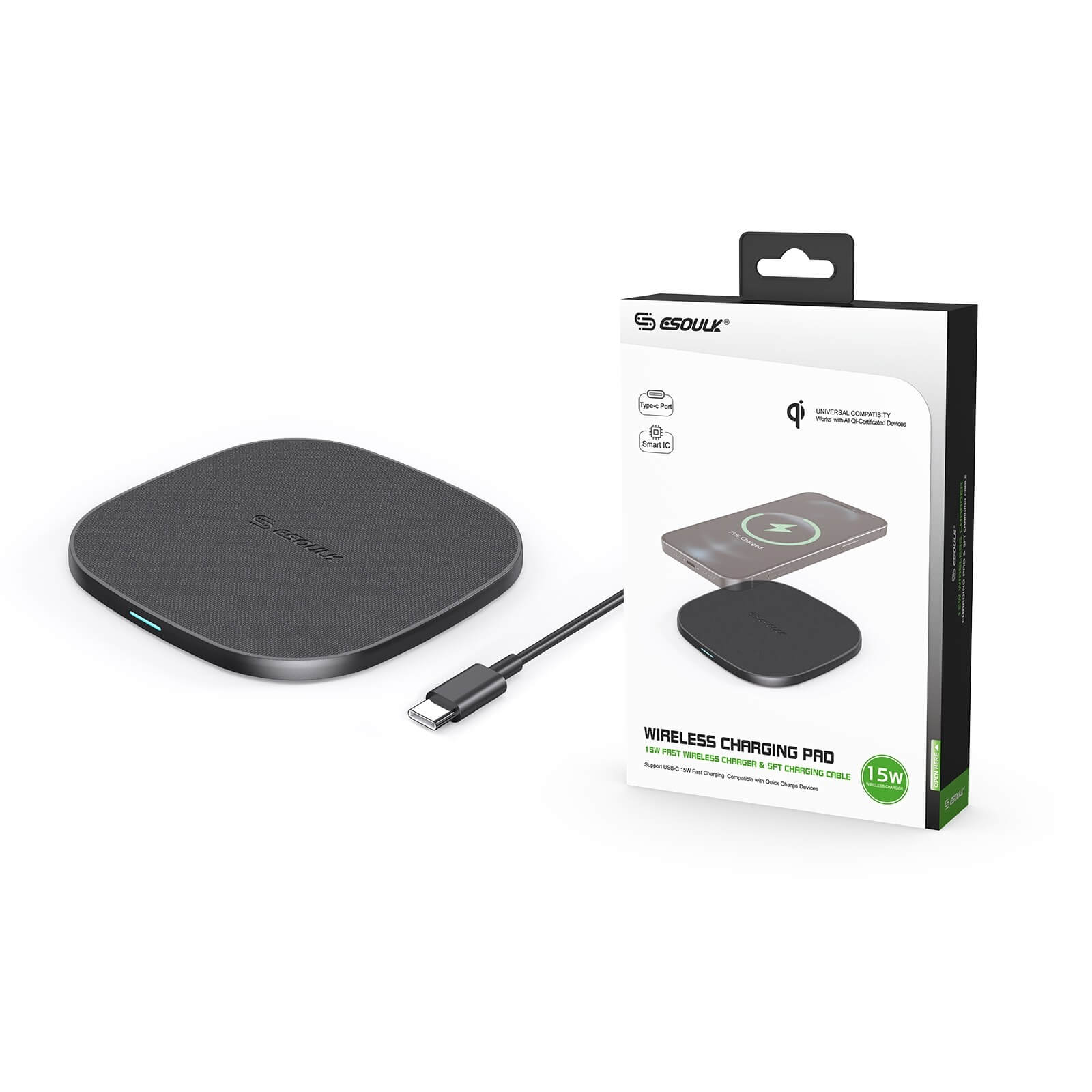 Esoulk 15W QI Wireless Charger & 5FT TYPE-C Charging Cable – EC06-BK – BLACK