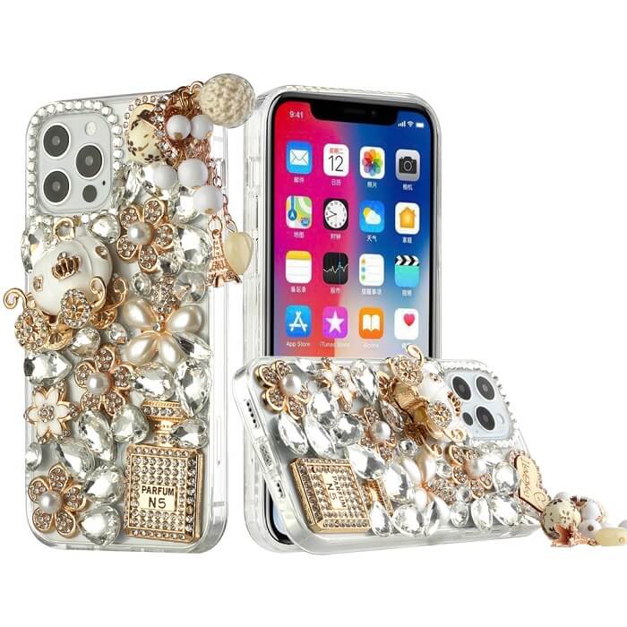 IPhone 13 Pro 6.1", Full Diamond with Ornaments Case Cover - Gold