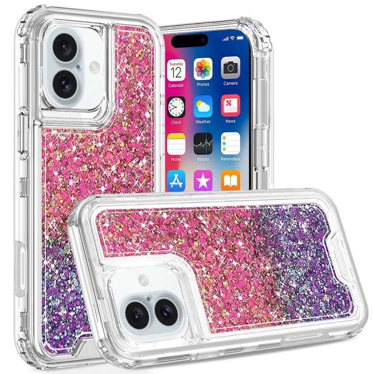 Apple IPhone 16,Epoxy Sticker Glitter 3in1 Shockproof Transparent Hybrid Case - Hot Pink + Purple