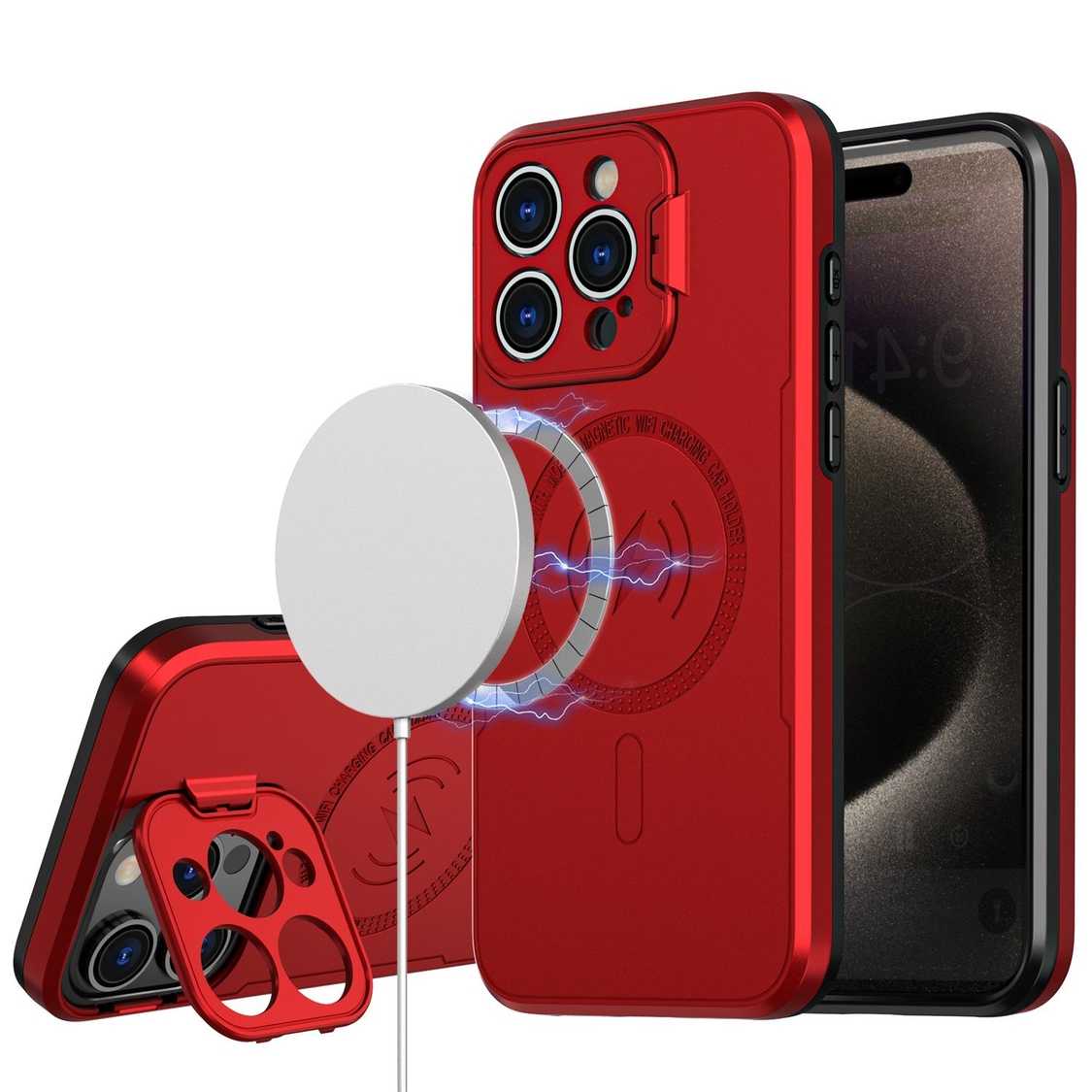 Apple IPhone 15, Magnetic Ring Circle Camera Cap KickStand Hybrid UV Paint Matte Finish Case - Red