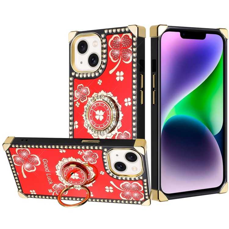 Apple IPhone 14/13,Passion Square Hearts Diamond Glitter Ornaments Engraving Case Cover - Red