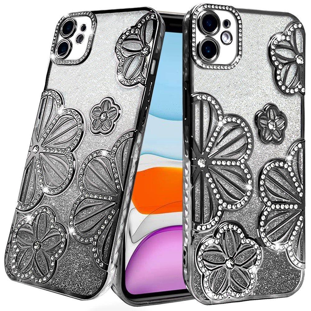 Apple IPhone 11, Glitter Floral Design Thick TPU Case Cover - Black
