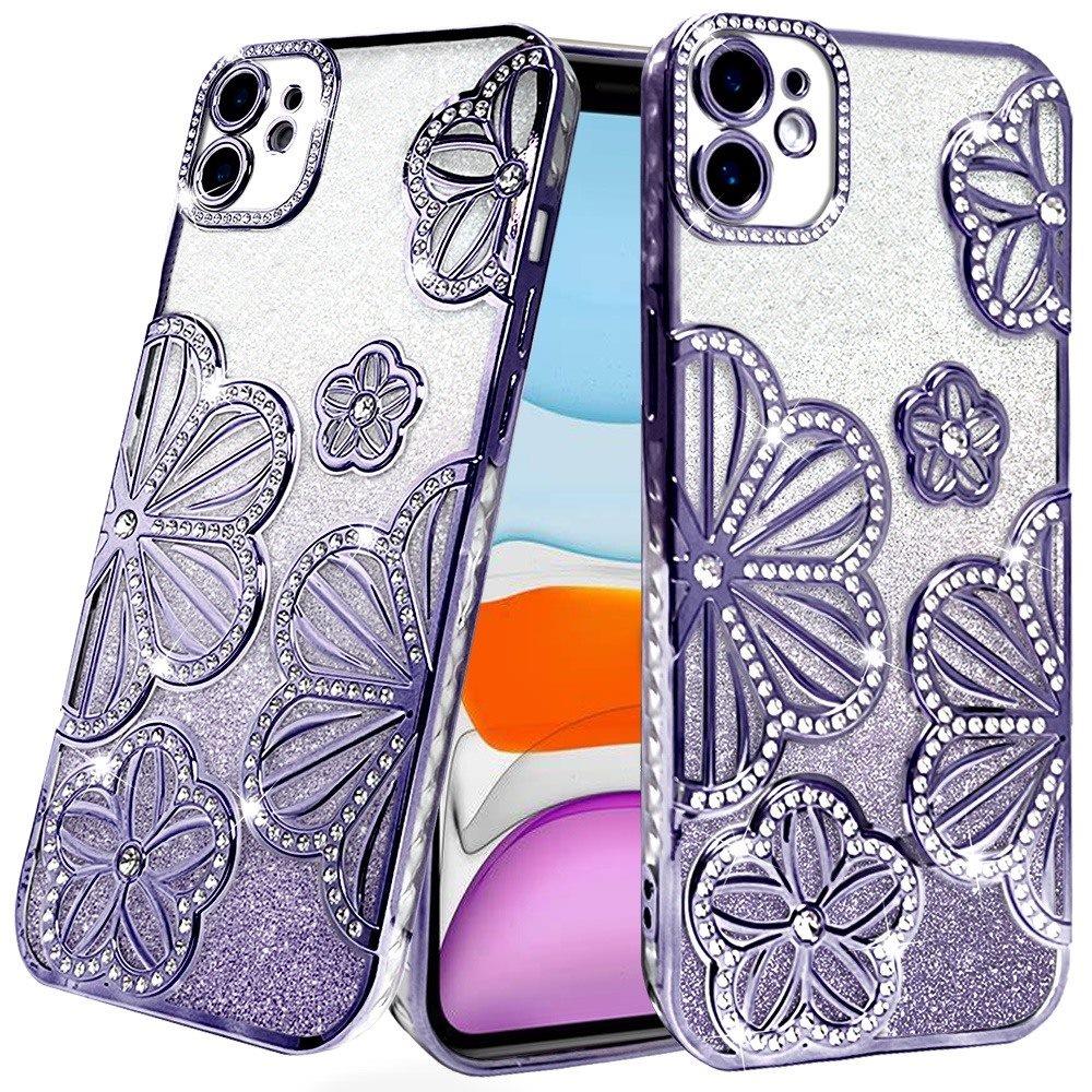 Apple IPhone 11, Glitter Floral Design Thick TPU Case Cover - Purple