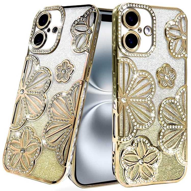 Apple IPhone 16, Shimmer Glitter Floral Design Thick TPU Case Cover - Gold