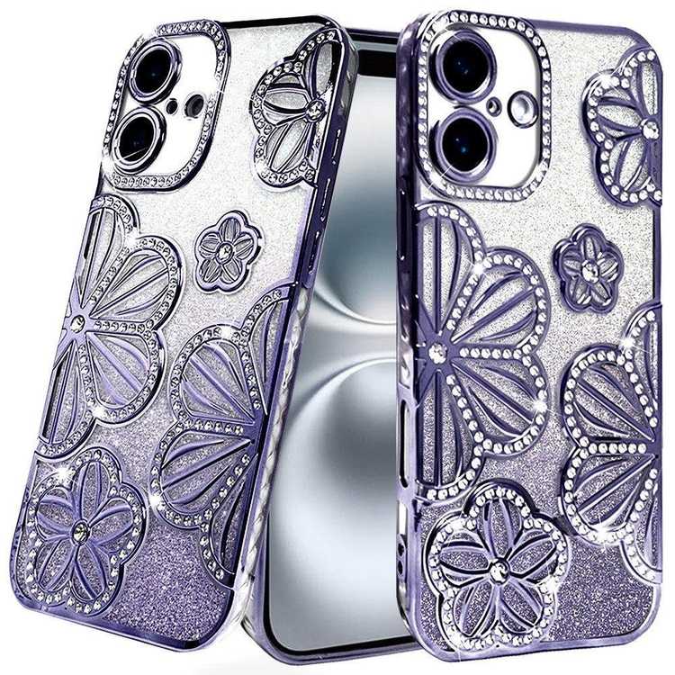 Apple IPhone 16, Shimmer Glitter Floral Design Thick TPU Case Cover - Purple