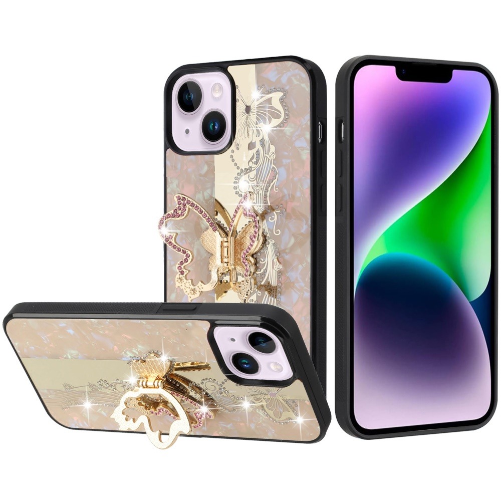Apple IPhone 14/13,Apple IPhone 14/13, SPLENDID Diamond Glitter Ornaments Engraving Case Cover - Enchanted Butterfly Gold