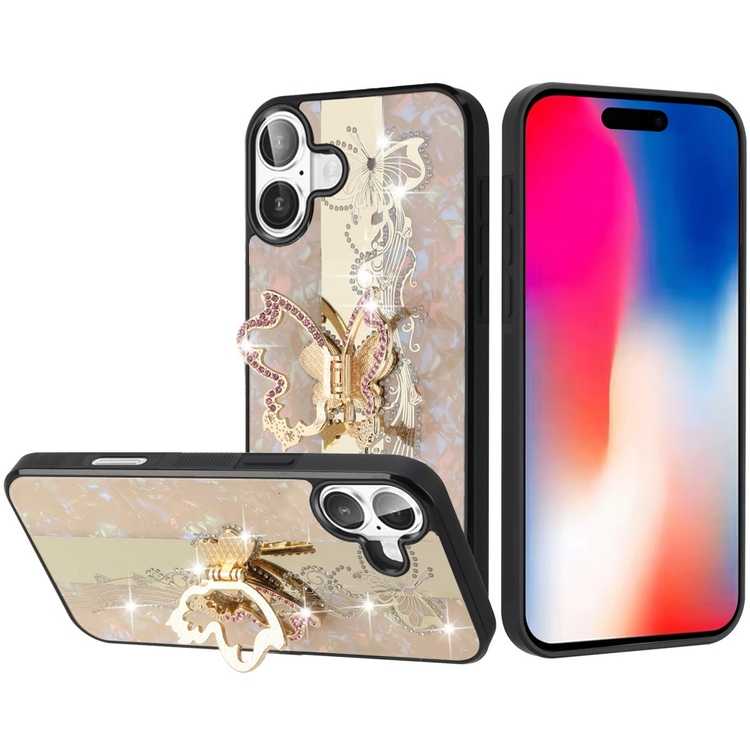 Apple IPhone 16, SPLENDID Diamond Glitter Ornaments Engraving Case Cover - Enchanted Butterfly Gold