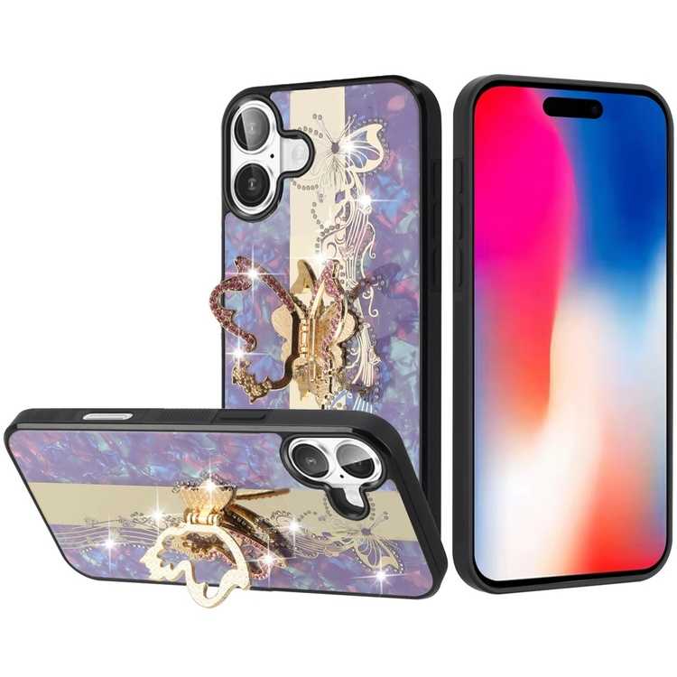 Apple IPhone 16, SPLENDID Diamond Glitter Ornaments Engraving Case Cover - Enchanted Butterfly Purple
