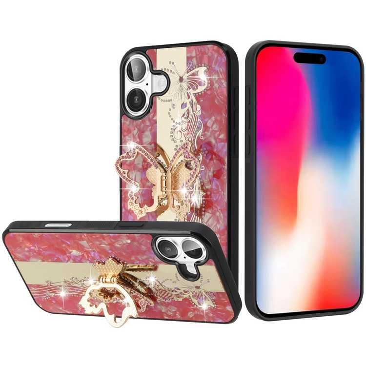 Apple IPhone 16, SPLENDID Diamond Glitter Ornaments Engraving Case Cover - Enchanted Butterfly Red