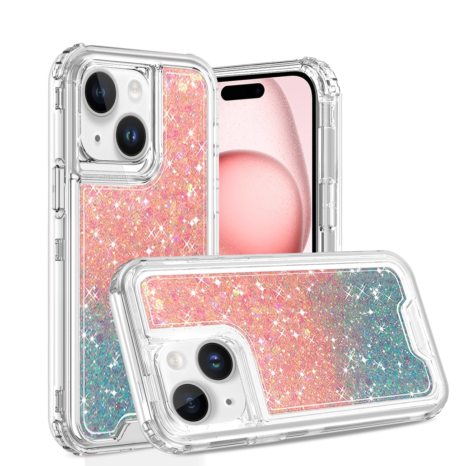 Apple IPhone 14/13,Sticker Glitter 3in1 Shockproof Transparent Hybrid Case - Pink + Light Blue