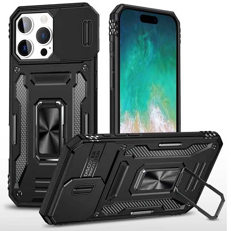 Apple IPhone 16 Pro Max, Utter Tough Metal Ring Movable Camera Window Hybrid Case Cover - Black
