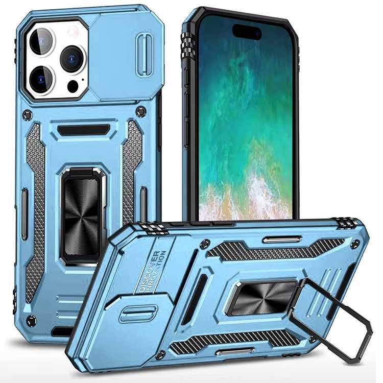 Apple IPhone 16 Pro Max, Utter Tough Metal Ring Movable Camera Window Hybrid Case Cover - Light Blue