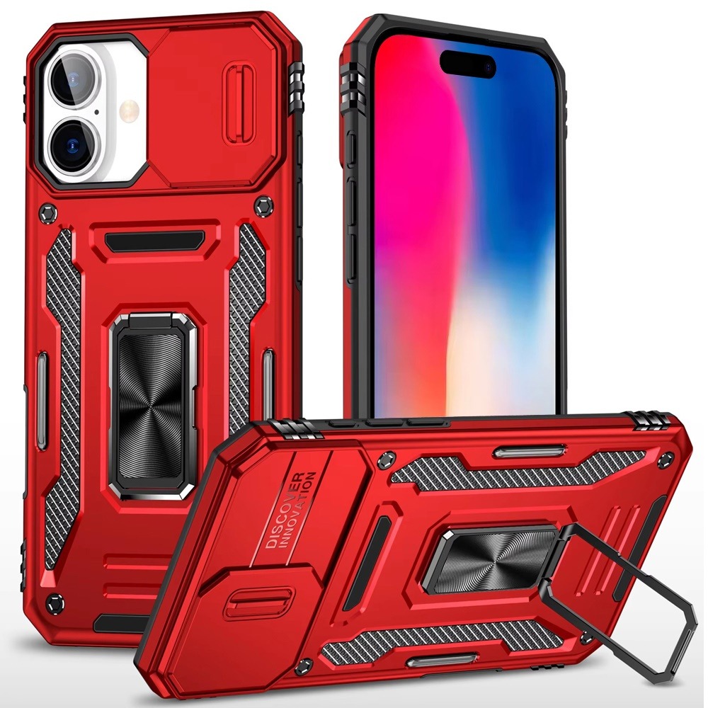 Apple IPhone16 Plus , Utter Tough Metal Ring Movable Camera Window Hybrid Case Cover - Red