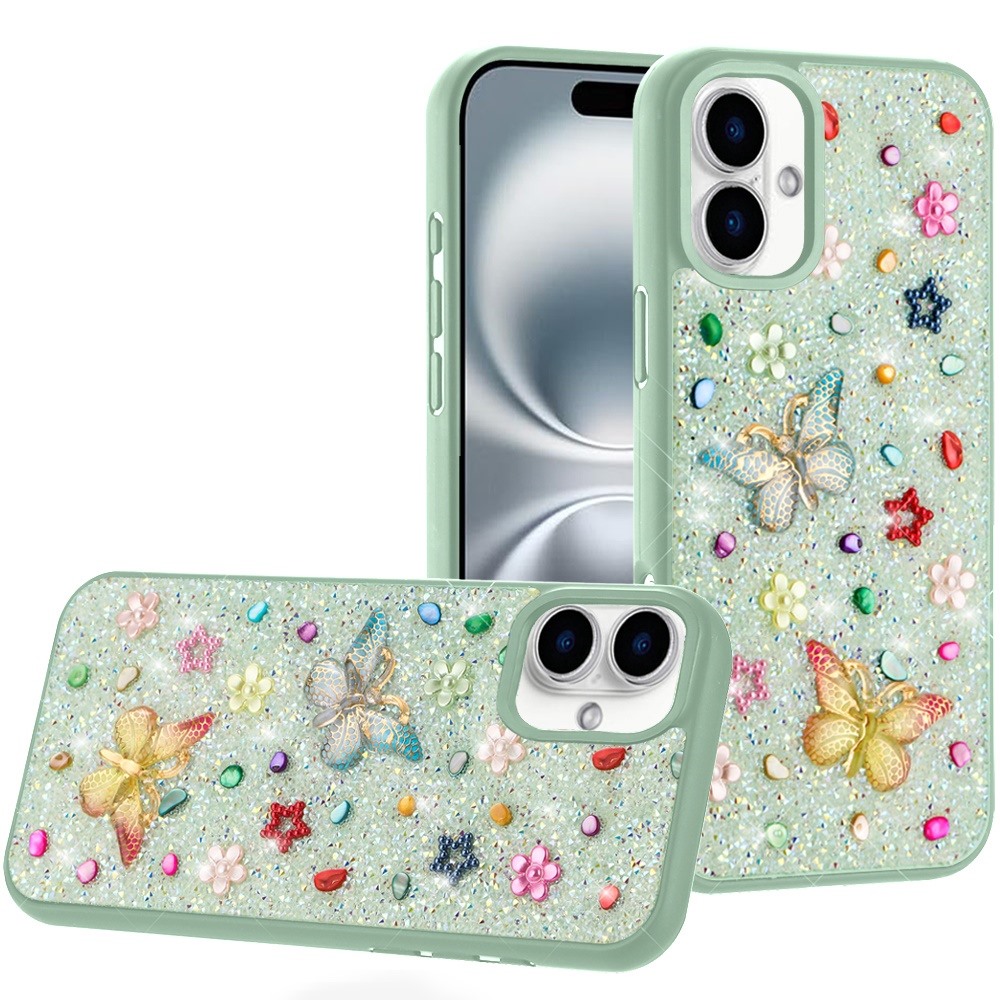 Apple IPhone16 Plus , Butterfly Ornaments Diamond Bling Glitter Hybrid Case - Teal