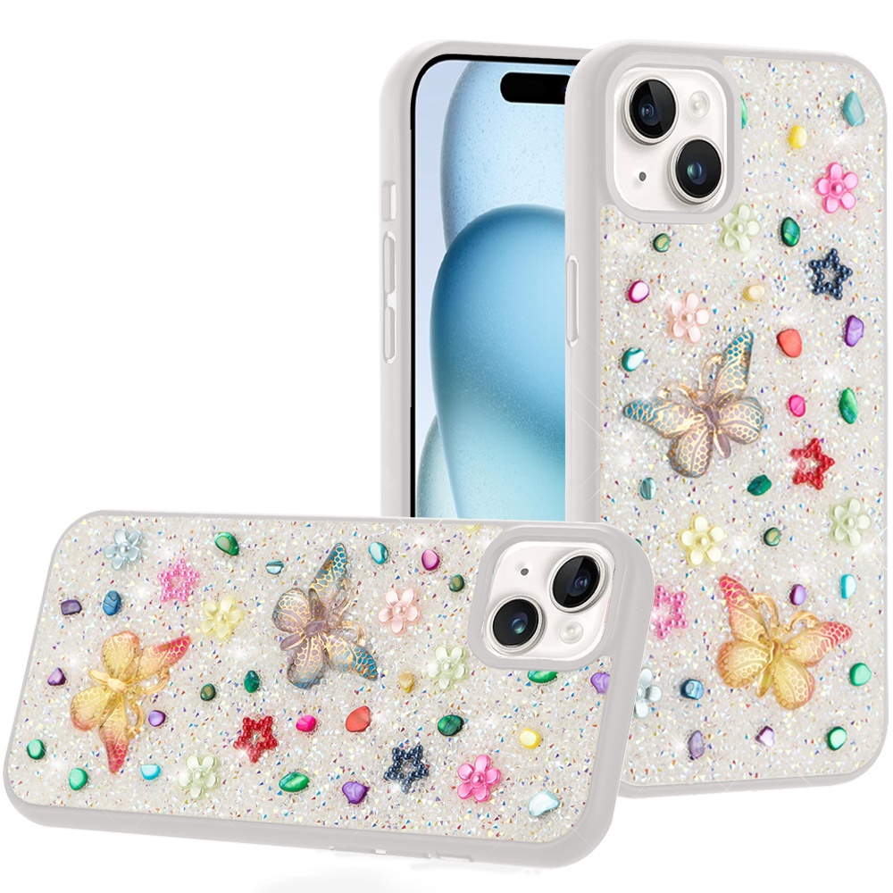 Apple IPhone 14/13, Butterfly Ornaments Diamond Bling Glitter Hybrid Case - White