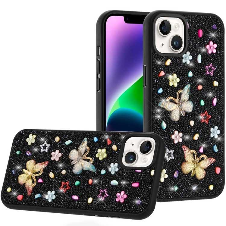 Apple IPhone 14/13, Butterfly Ornaments Diamond Bling Glitter Hybrid Case - Black