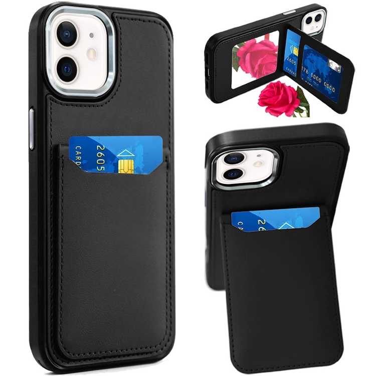 Apple IPhone 11, Card Holder with Mirror Inside PU Leather Hybrid Case - Black