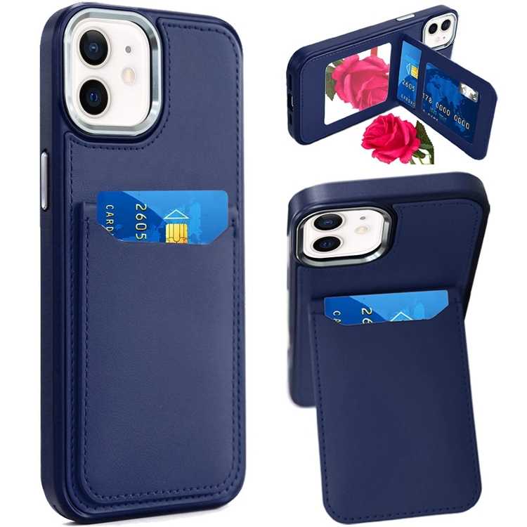 Apple IPhone 11, Card Holder with Mirror Inside PU Leather Hybrid Case - Blue