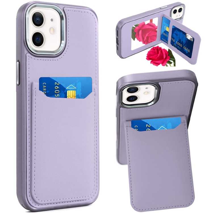 Apple IPhone 11, Card Holder with Mirror Inside PU Leather Hybrid Case - Light Purple