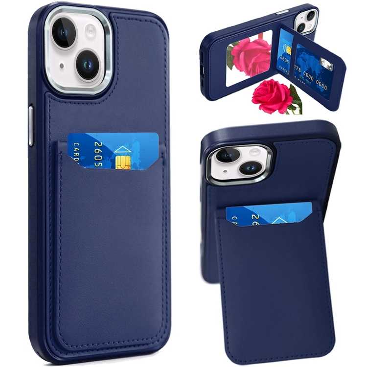 Apple IPhone 15, Card Holder with Mirror Inside PU Leather Hybrid Case - Dark Blue