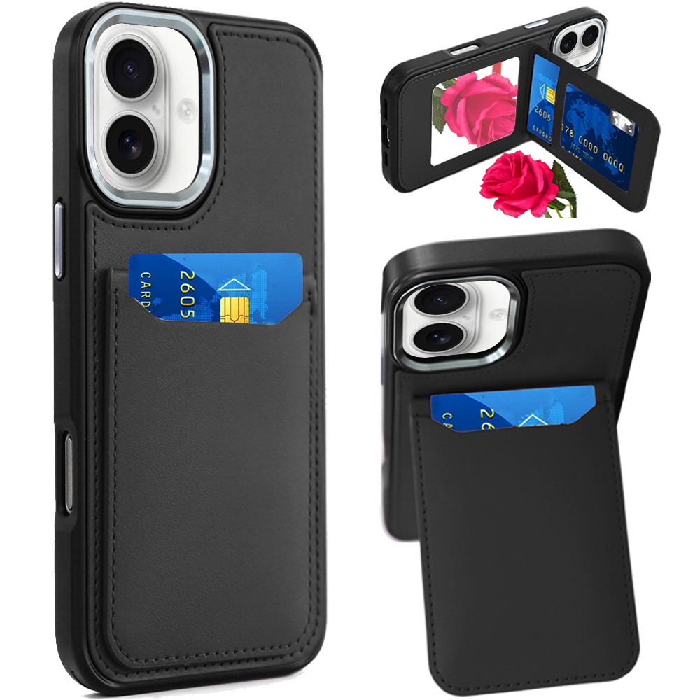 Apple IPhone 16, Card Holder with Mirror Inside PU Leather Hybrid Case - Black