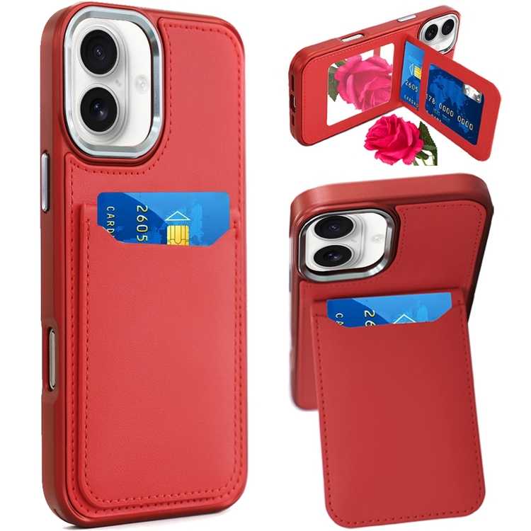 Apple IPhone 16, Card Holder with Mirror Inside PU Leather Hybrid Case - Red