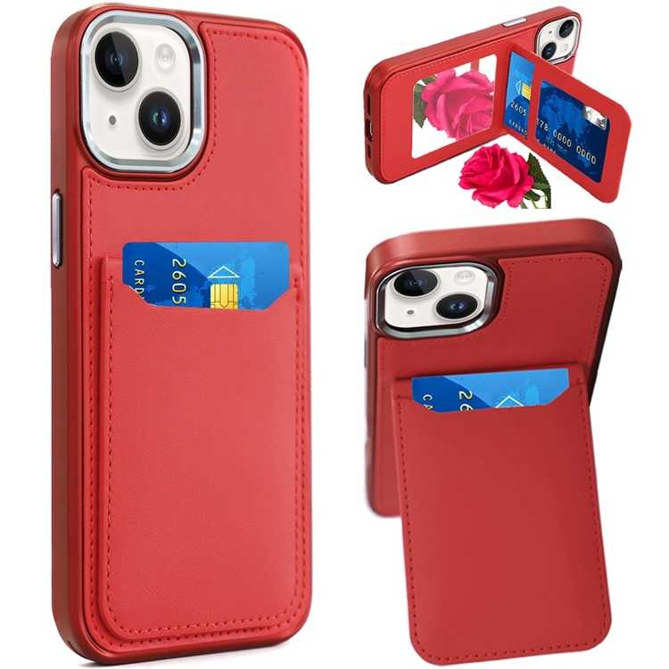 Apple IPhone 14/13, Card Holder with Mirror Inside PU Leather Hybrid Case - Red