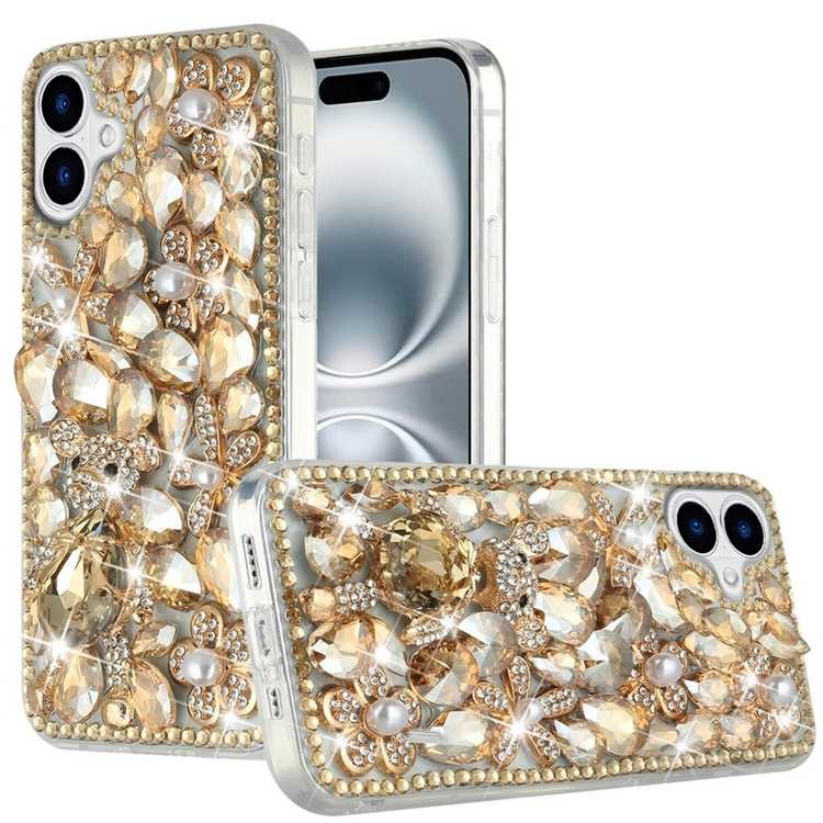 Apple IPhone 16, Full Diamond with Ornaments Hard TPU Case Cover - Gold Panda Floral