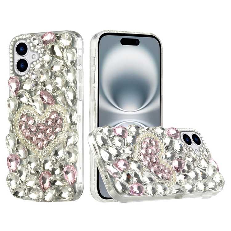 Apple IPhone 16, Full Diamond with Ornaments Hard TPU Case Cover - Hearty Pink Pearl Heart