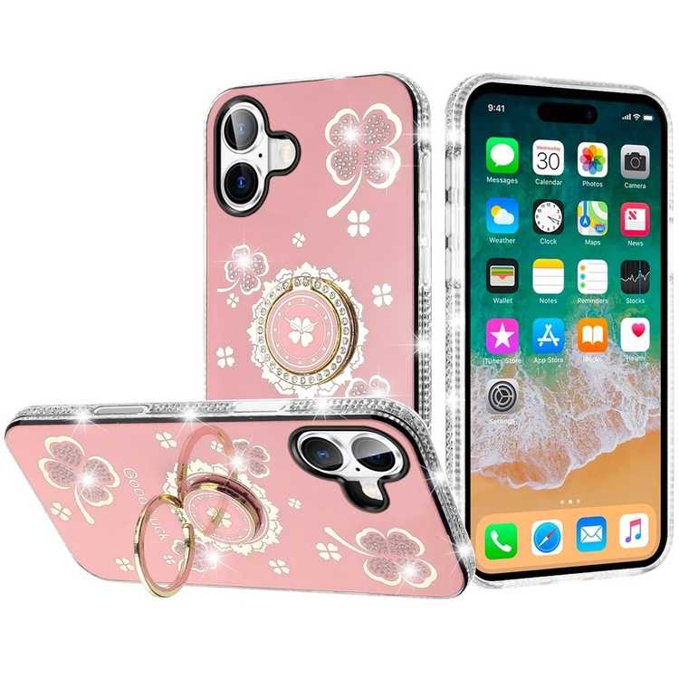 Apple IPhone16 Plus , Splendid Glitter with Diamonds All Around Edges Ring Stand Case Cover - Pink