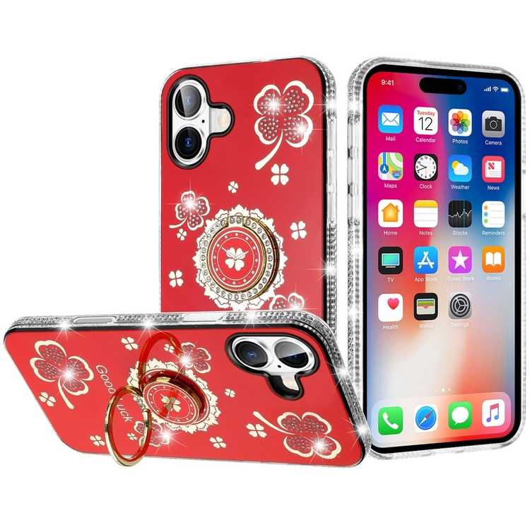 Apple IPhone 16, Splendid Glitter with Diamonds All Around Edges Ring Stand Case Cover - Red