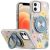 Apple IPhone 12,Metal Diamond CD Pattern Design Matte Finished Hybrid with Rotational Ring [Car Mount Friendly] Case – Floral E